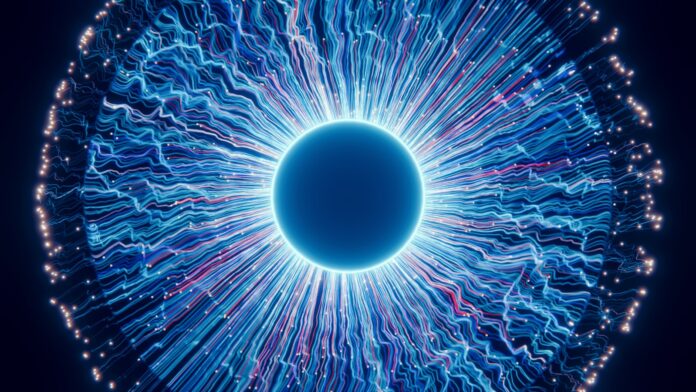 A close up of a blue eyeball in the dark